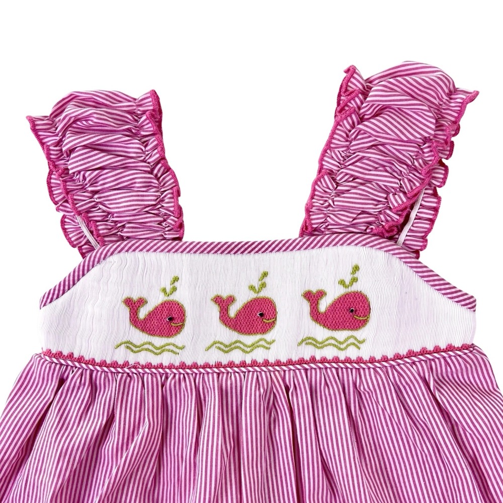 Girls Smocked Dress Sz‎ 5T Pink White Striped Ruffles Whales Beach Colorful